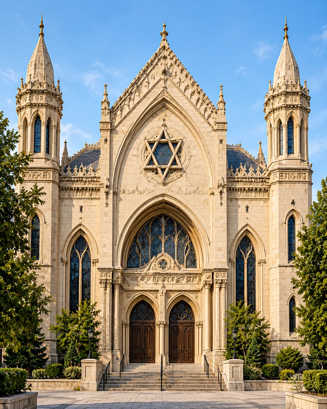 AI-generated illustration of a synagogue-style building; not a real or Trust-funded institution