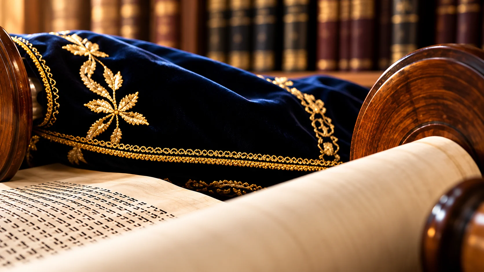 AI-generated editorial image of a Torah scroll in warm light; not a photograph of the Trust