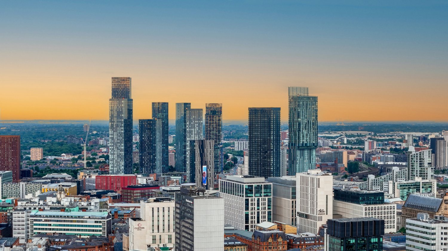 The Manchester skyline at dusk